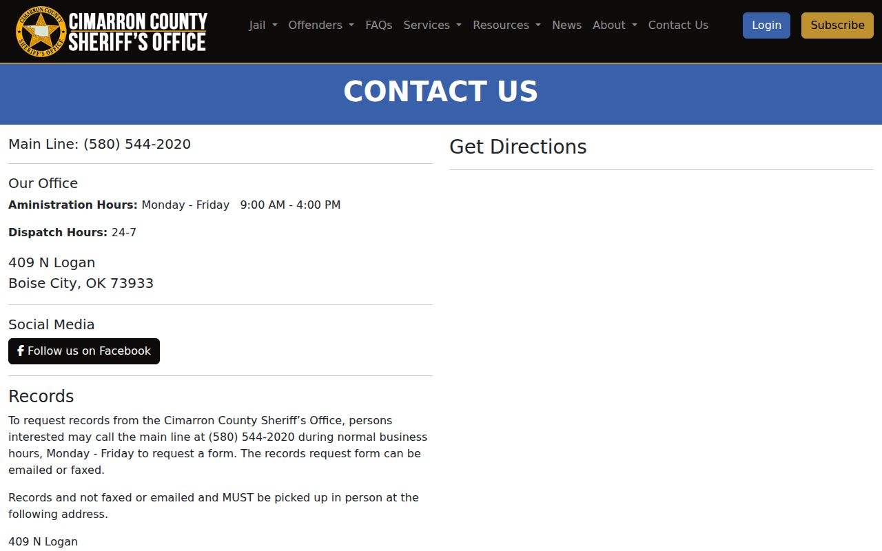 Cimarron County Jail contact and release records location