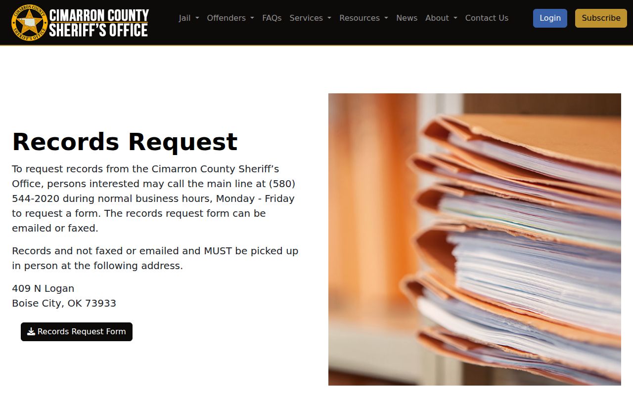 Cimarron County Jail release record request instructions
