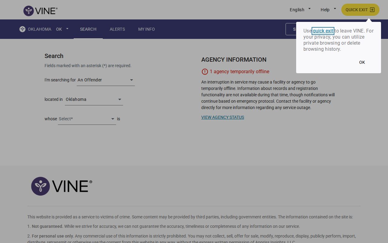 Cimarron County VINELink inmate search and release alert screen